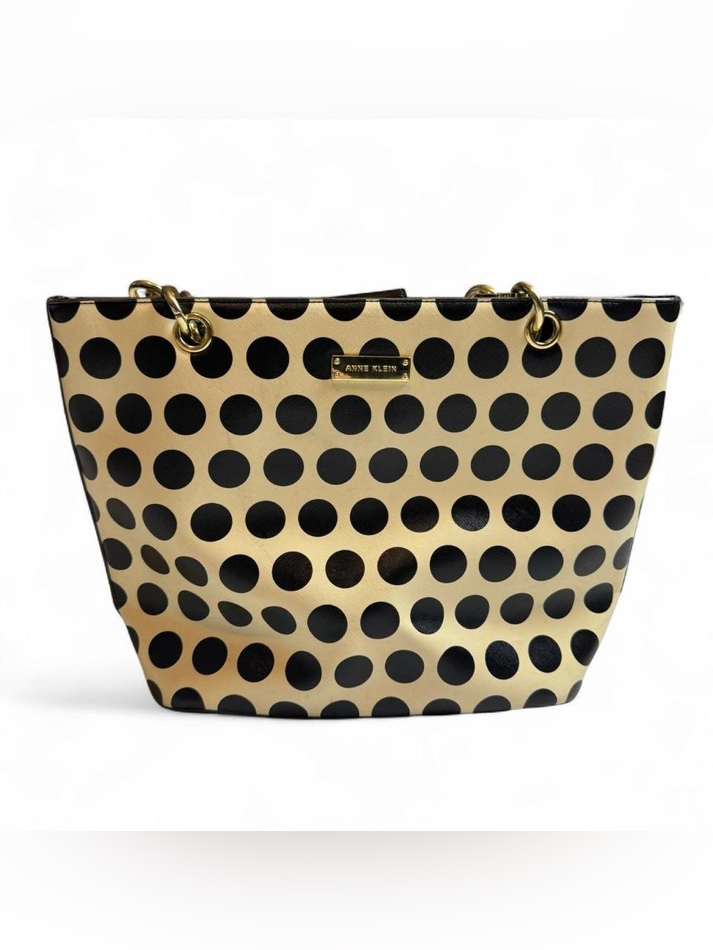 Anne Klein Large Polka Dot Tote Bag Black Cream Leather Trim Gold Hardware
